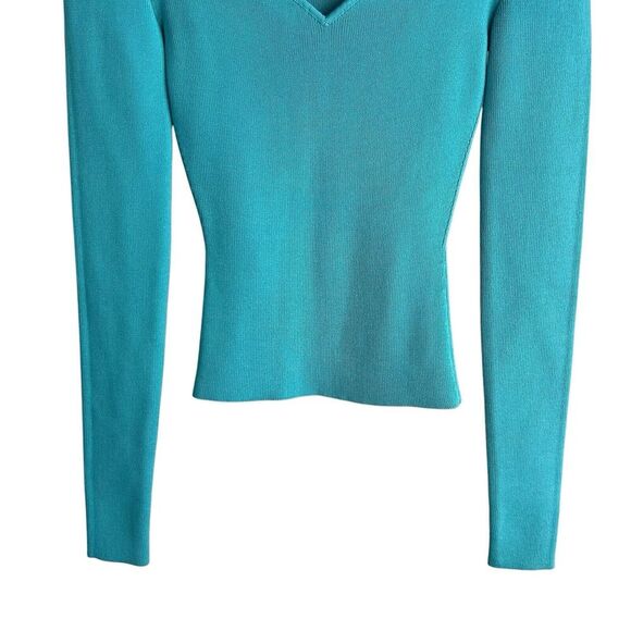 STAUD Clara Knit Top Long Sleeve Small Turquoise Heart Cutout Ribbed Knit NWT - Picture 3 of 9